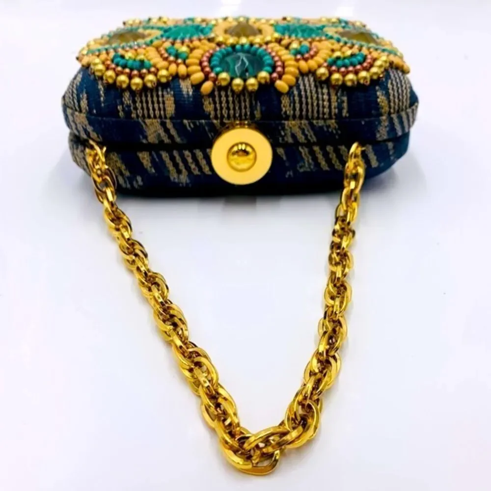 Auth Rafe Minaudière Beaded Boho Canvas Box Clutch Gold-Tone Chainlink Strap